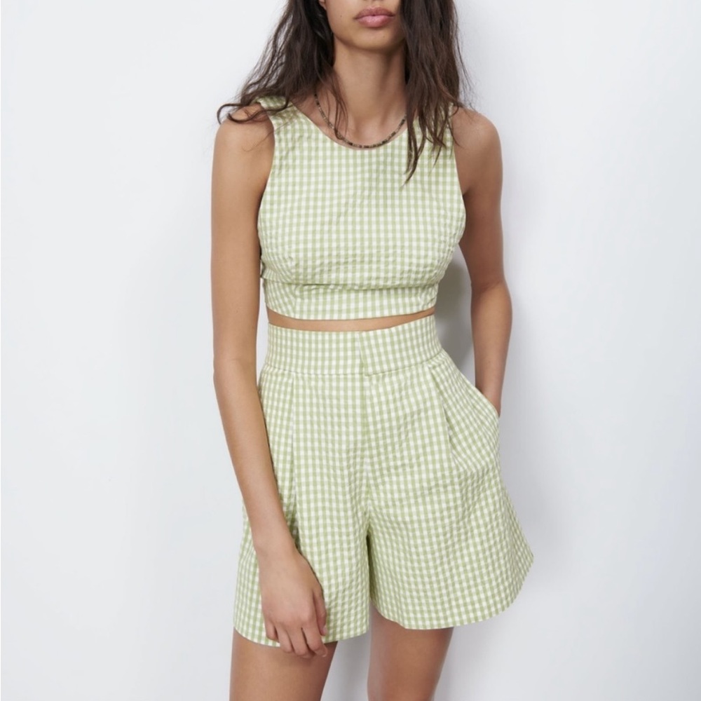 NWT Zara Pistachio Gingham High-Waisted Shorts And  Crop Top Bundle Coord Set